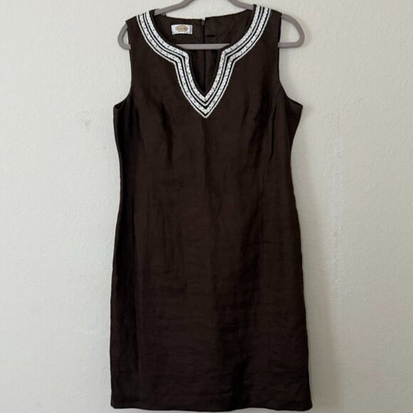 Talbots Brown Sleeveless Linen Dress with Beaded Neckline size 14 - Picture 2 of 13